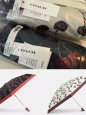 NWT COACH Cherry Print mini UV Umbrella Black or White